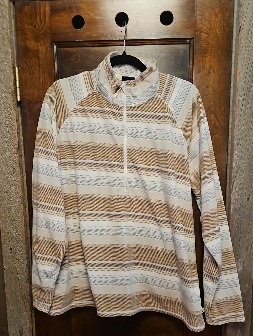 Eddie Bauer Cream and Brown Striped Zip-Up Polar Fleece
